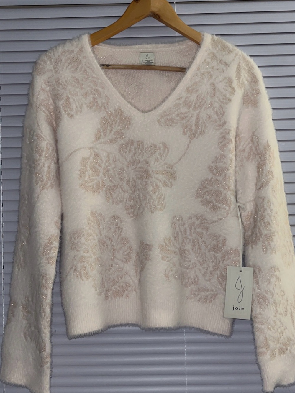 Joie Ivory Fuzzy Floral Jacquard V-Neck Shimmer Pullover Sweater NWT